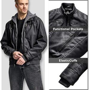 WANTDO Faux Leather Jacket with Gray hoodie Sz S